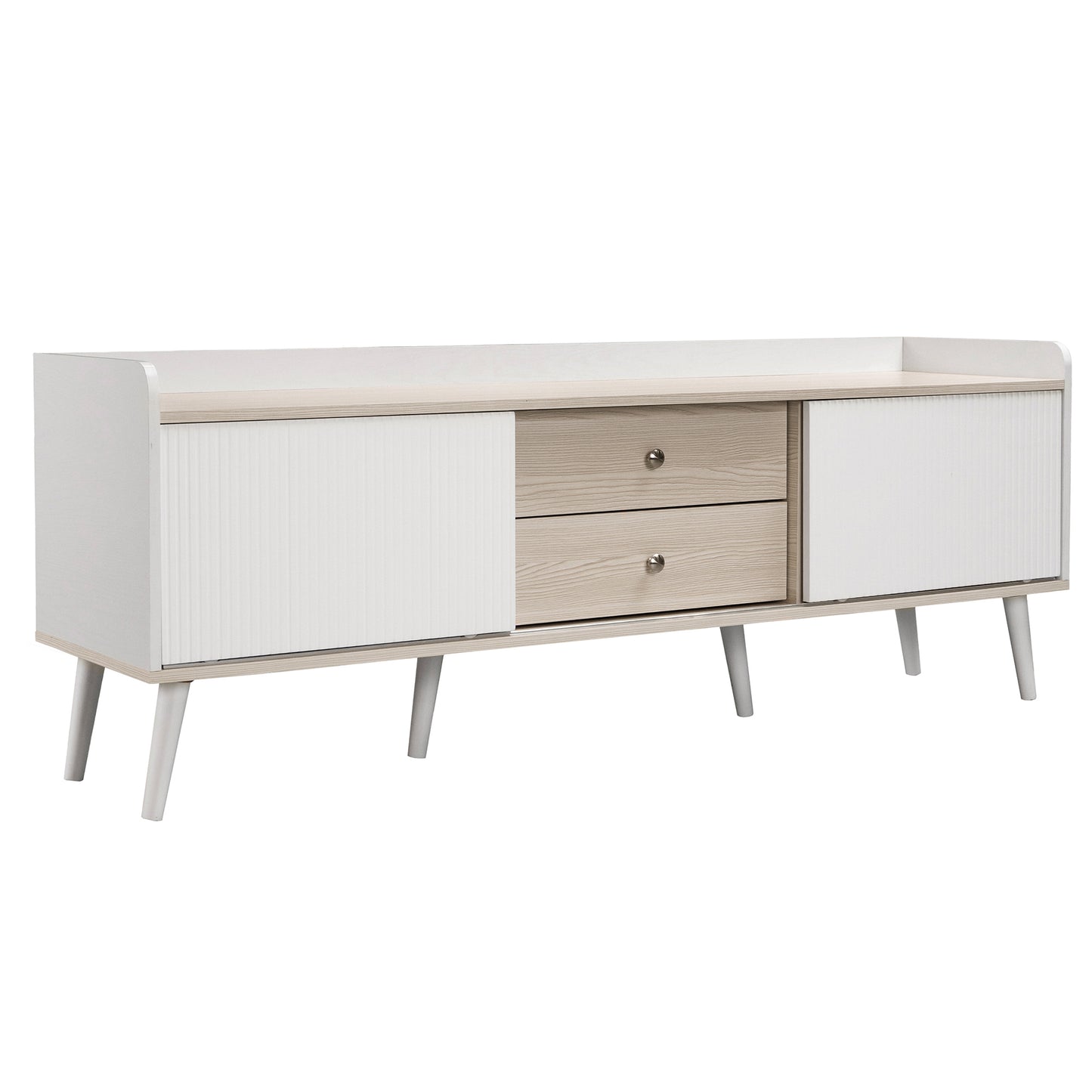 TV-Schrank mit zwei Schubladen, Fernsehtisch TV Board, TV- Lowboard niedrige Platte mit zwei Schiebetüren. Exquisite Textur. Weiß und natürliches Holzfarbe. H58/L160/T40 cm.