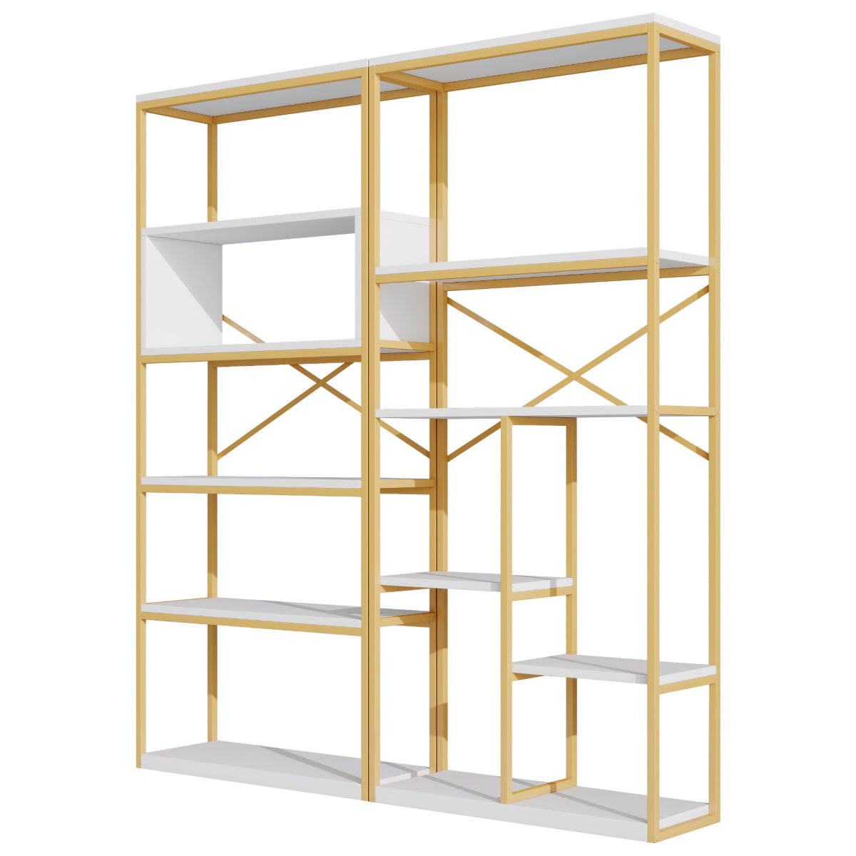 Regal 160x29,5x180 cm aus Stahl & MDF, modernes Bücherregal mit Gold-Weiß-Design, stabile Struktur & offene Fächer, leicht zu montieren