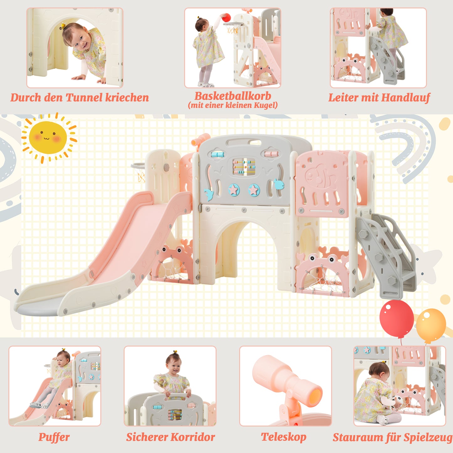 11 in 1 Kleinkindrutsche, Kinderrutsche mit Basketballkorb, Kinderrutschen-Spielset-Struktur, Bogentunnel und Teleskop, Spielzeugaufbewahrungsorganizer für Kleinkinder, Klettergerüst für Kinder.