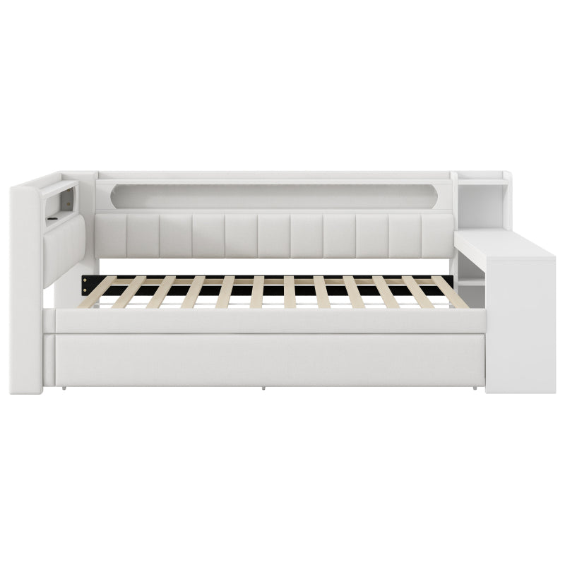Gepolstertes 90x200 Tagesbett mit USB-Anschlüssen und LED-Gürtel, mit Ausziehbett und Schreibtisch, Weiß