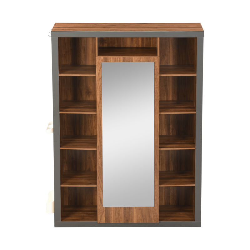 Garderobengestell mit Spiegel, Multifunktions Garderobe und Vitrine, Bücherregal Kombination mit Abtropfschale, Haken und Kleiderbügeln