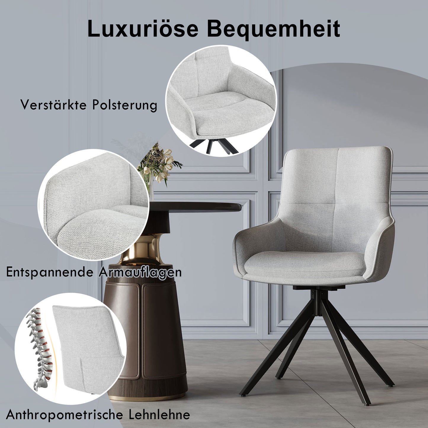 2 Drehbare Stühle nach Anthropometrie, perfekt für Küche und Esszimmer, Grau
