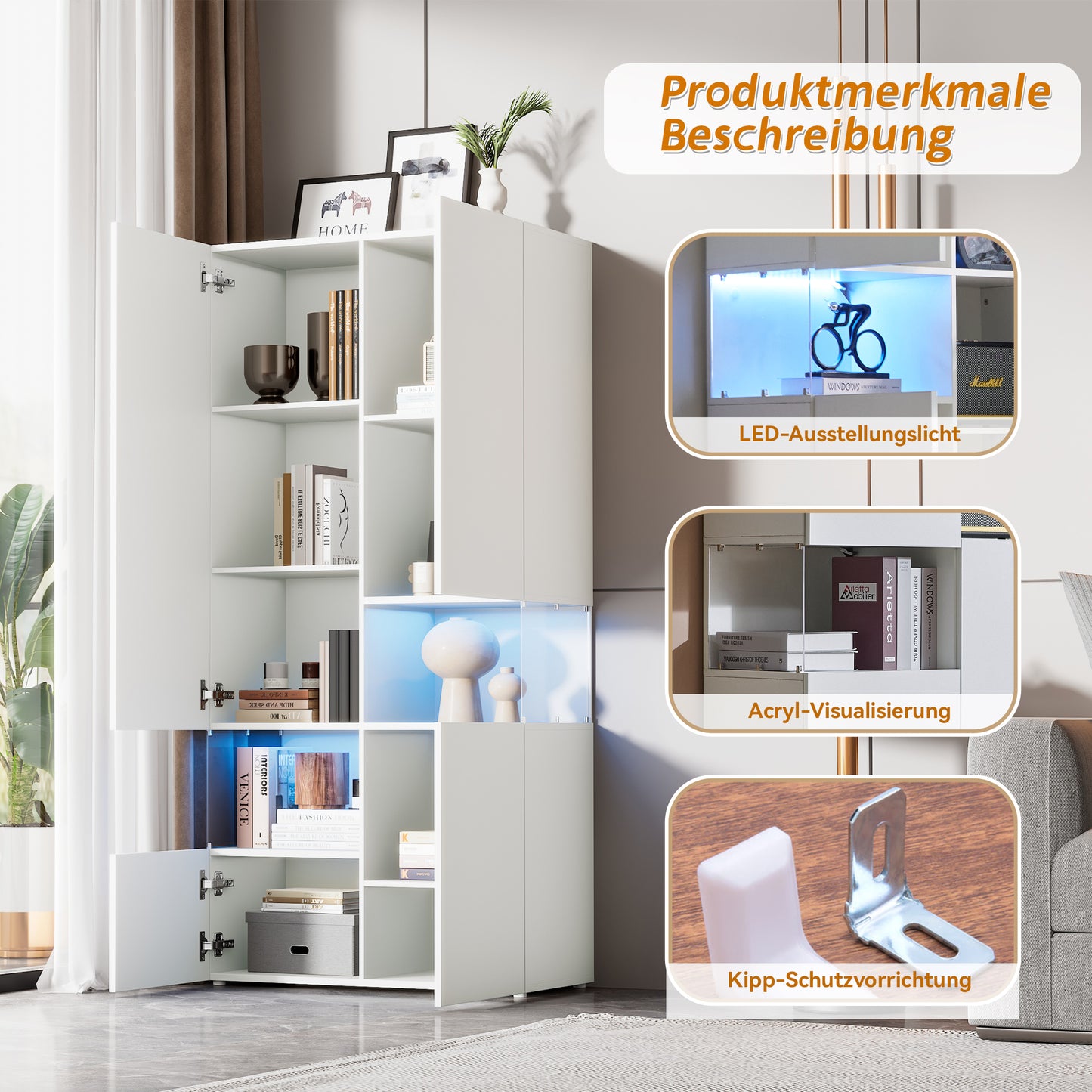 Vitrine mit LED-Beleuchtung, Hochschrank mit transparentes Acryl, für Wohnzimmer Büro Küche, offene Lagerung, Weiß