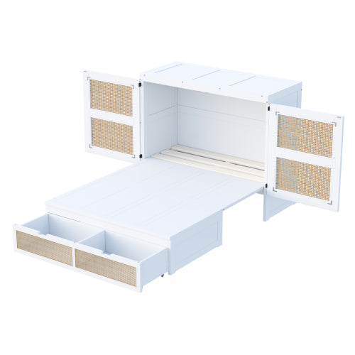 Schrankbett 140 x 200 cm, Wandbett mit Lattenrost, Wandklappbett, Rattan-Design, Holzbetten, Jugendbetten, Einzelbetten, Grau