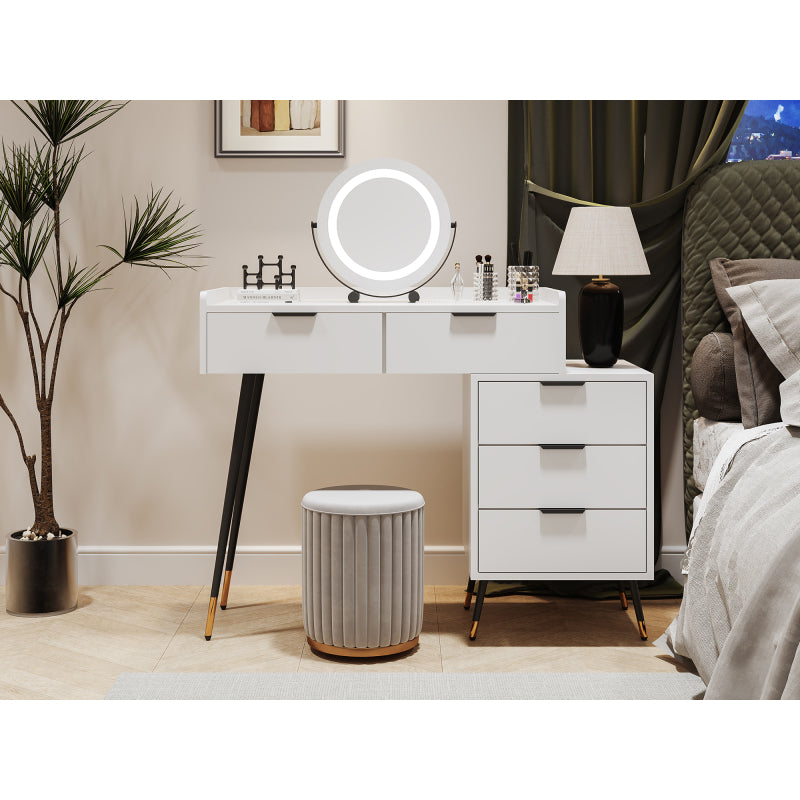 Weißer Schminktisch(Ohne Stühle), Enthält ausziehbare Seitenschränke, mit Spiegel einstellbare Helligkeit, mit 5 Schubladen, Großer Frisierkommode Schlafzimmermöbel Vanity, Weiß