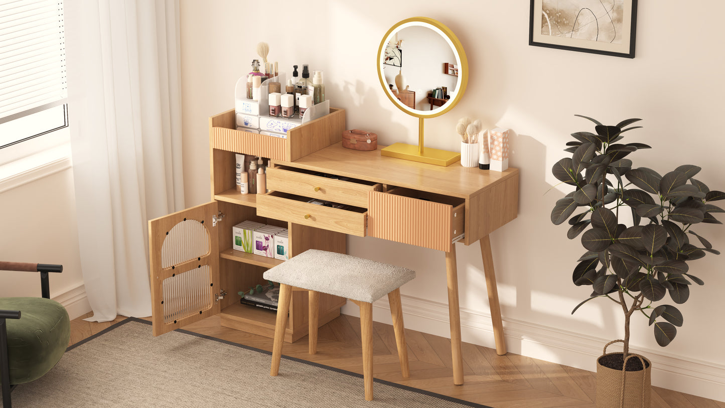 Schminktisch-Set, Kosmetiktisch mit LED-Spiegel und 3-Farbiger Beleuchtung, Schminktisch aus Holz für Schlafzimmerstudio - Maße: B120/H90/T40 cm(ohne Hocker) (Old sku: RN3198724AAA)