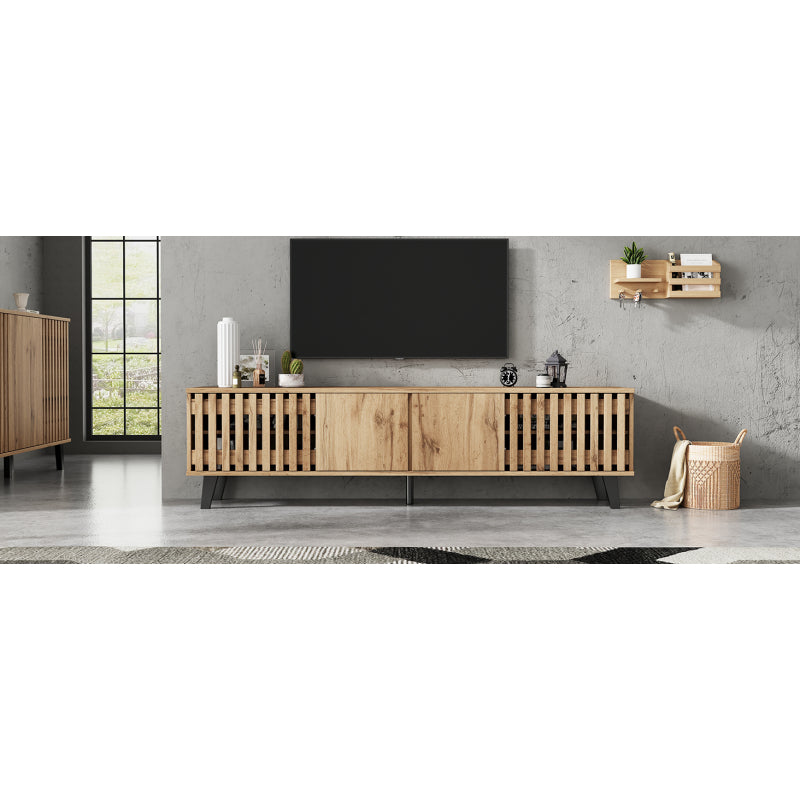 180 x 40 x 55 cm TV-Schrank, Lowboards in Originalholzfarbe, 8 separate Ablagefächer, TV-Ständer, TV-Konsolen-Entertainment-Center passend für 70-Zoll-Fernseher, geeignet für Wohnzimmer