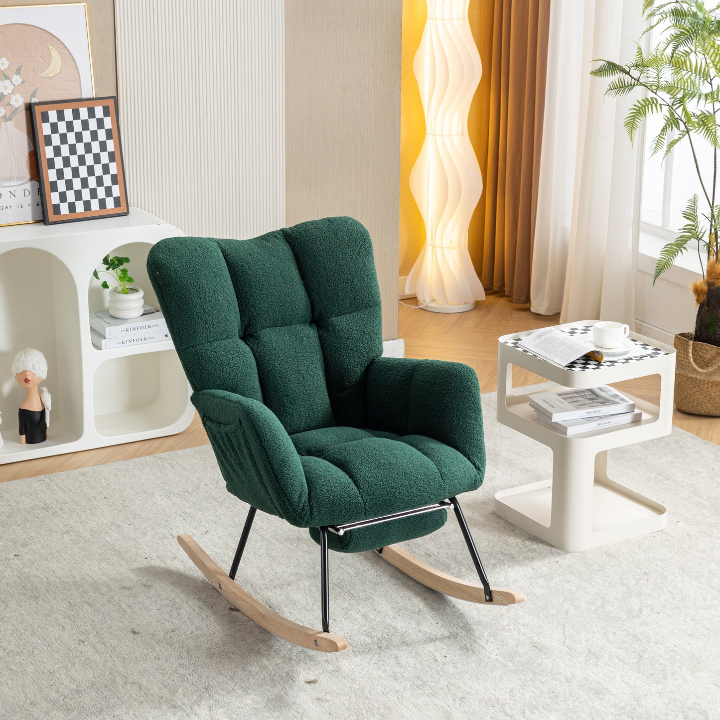 Neuer moderner Schaukelstuhl mit Polsterung und Teddystoff, mit ausziehbarer Fußstütze, grün