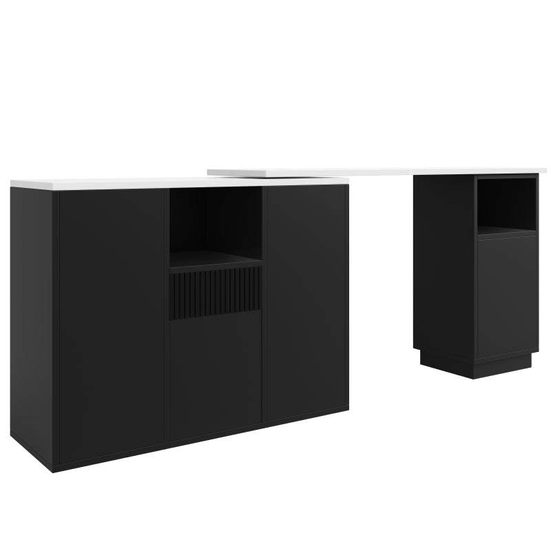 Um 360° drehbarer Bartisch (Hauptkörper 198,5 x 30 x 75 cm), modernes und schlichtes schwarzes Design, mit offenem Stauraum und Marmor-Arbeitsplatte, multifunktionale Aufbewahrungsinsel, geeignet für