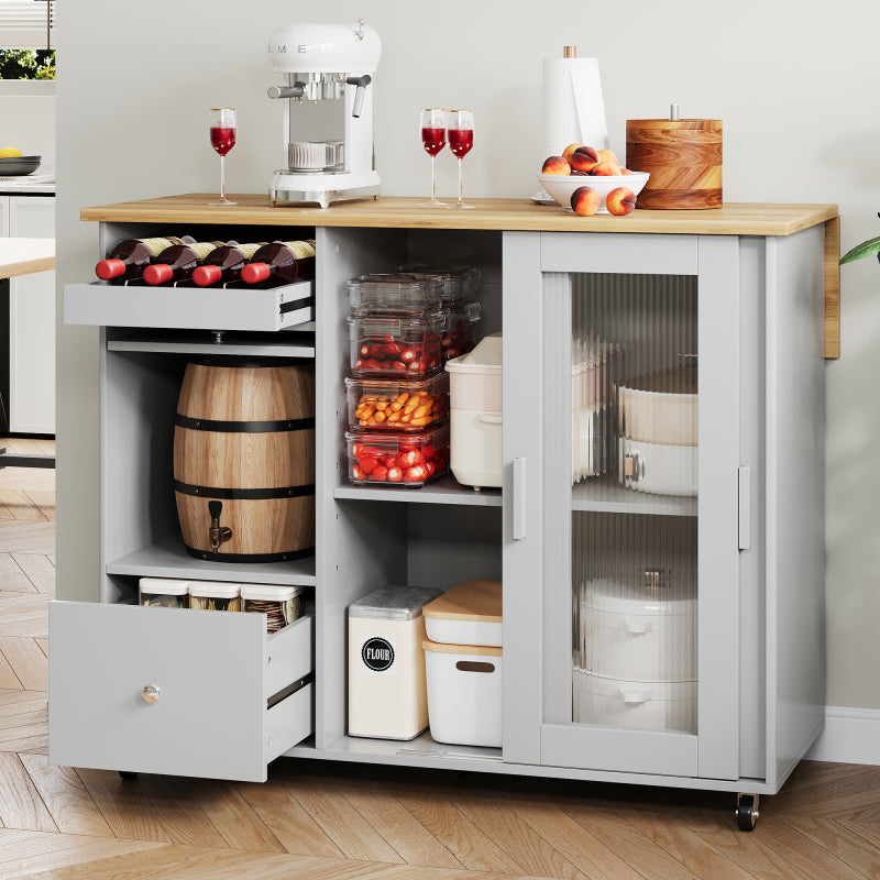 112×46(69)×91cm, klappbarer Kücheninselwagen, Eichenholzfurnier, Weinregal, Schubladen, großer Kücheninselwagen mit Schiebetüren aus gehärtetem Glas und verstellbaren Einlegeböden, mobiler Inselwagen