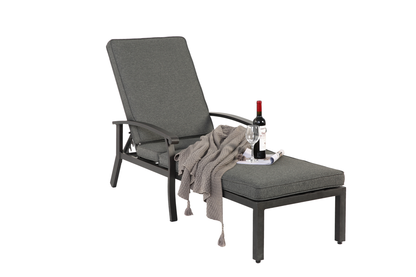 Lounge Patio Chair with Cotton Cushion, Adjustable Reclining Rust-Resistant Aluminum Poolside Chaise Lounge Furniture, Waterproof Grey Cushion (1pc)