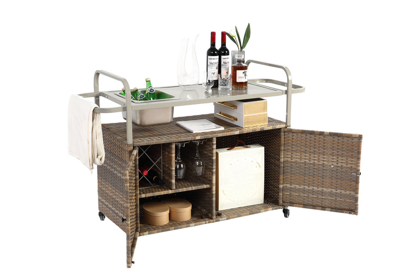 Outdoor Bar Table, Wicker Bar Cart with Cabinet, Patio Serving Cart with steel Top, with one ice bucket,Lockable Wheels, Side Basket for Garden, Poolside & Backyard, Beige