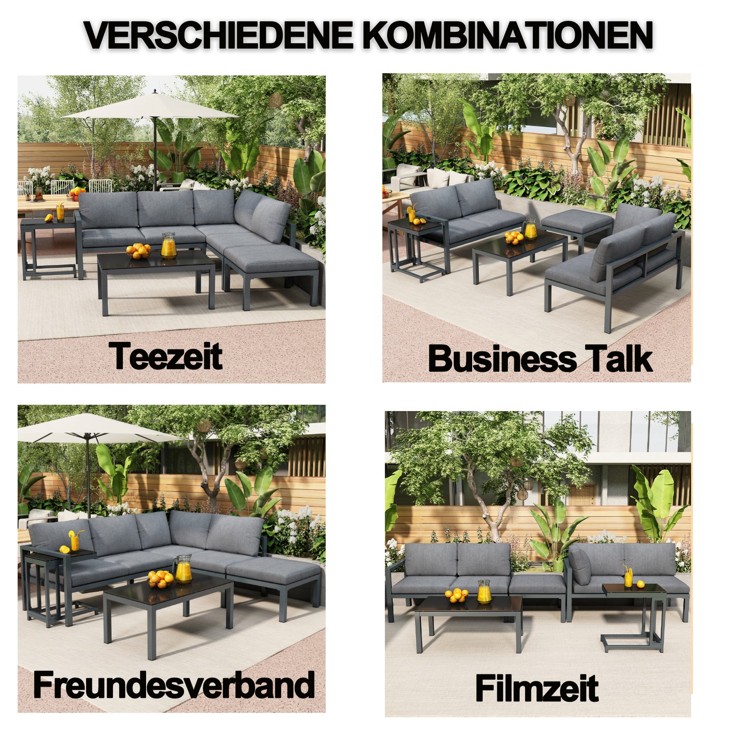 Garten Loungesessel Set, Eckloungesessel, Gartenmöbel für 4-5 Personen, mit Beistell- und Couchtisch, wetterfeste Loungemöbel, grau, 5er Set, inkl. aller Kissen(preview sku:HW24018AAS)