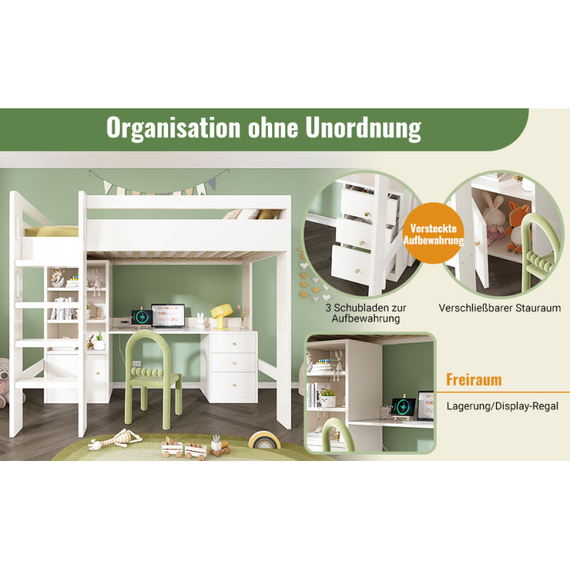 Kinderbett Hochbett mit USB-C Schreibtisch, Kleiderschrank und Aktenschrank, Jugendbett Einzelbett mit Treppe und Lattenrost, Stauraum,90×200, Ohne Matratze