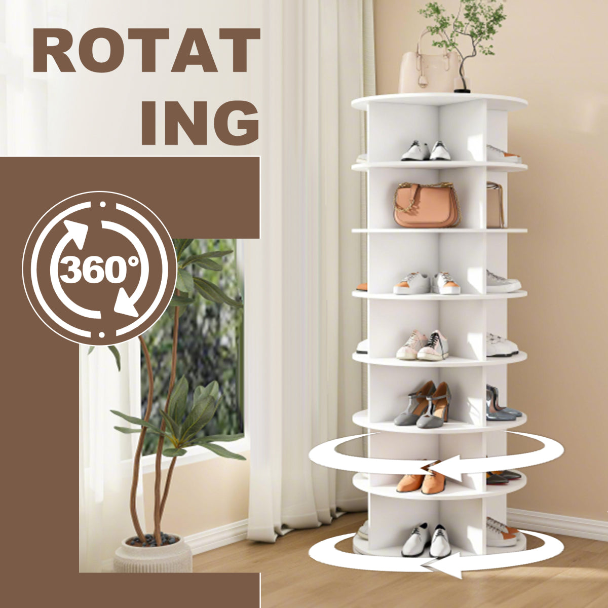 Drehbares Schuhregal 7 Etagen, 360°, Platzsparend, 28 Paar, Weiß, 161 cm