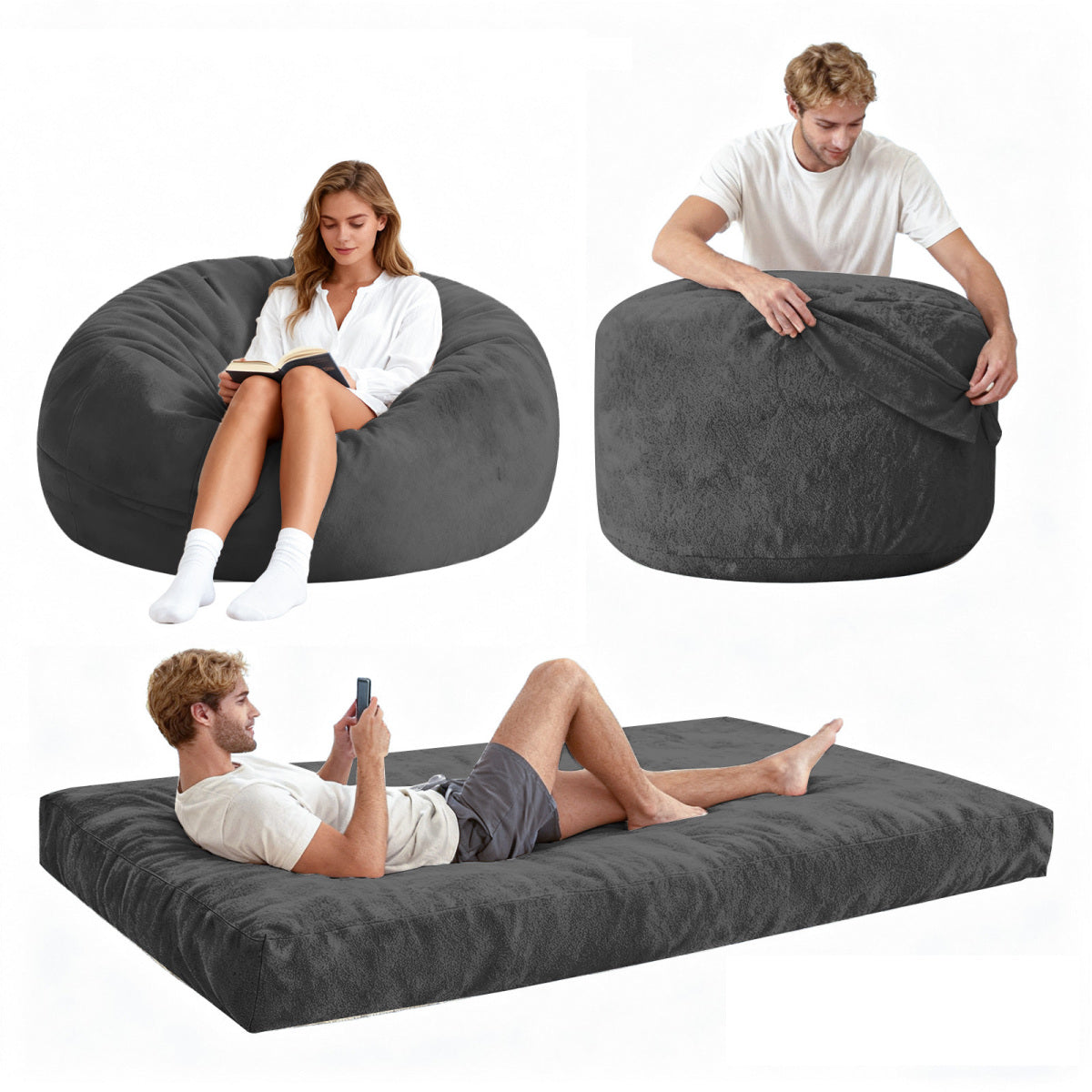 DBC-LANSE 2-in-1 Sitzsack & Gästebett - Wandelbarer Sessel aus Chenille - Ergonomisches Design - Grau