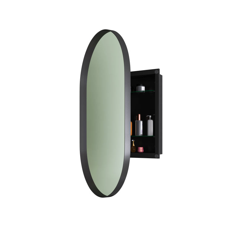 Stylish Oval Mirror Cabinet, Recessed Medicine Cabinet, Wall Cabinet with Metal Framed, Mirror and Adjustable Shelves, Mirror Cabinet with Storage for Bathroom, Living Room and Bedroom, Black