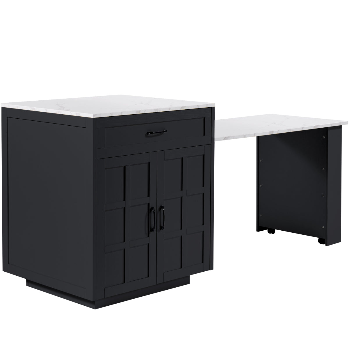 Bartisch ausziehbar 133-202cm, Kücheninsel mit Marmor-Optik & Stauraum, Esstisch für 2-6 Personen, Küchenwagen mit Schubladen & Regalen, Schwarz