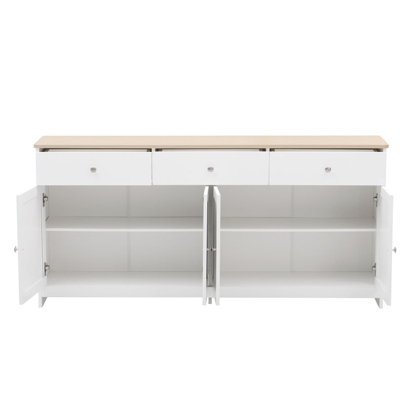 Sideboard mit weißer Holzmaserung, vier Türen, mit drei Schubladen, Wohnzimmer, Esszimmer. Holzfarbe und Weiß