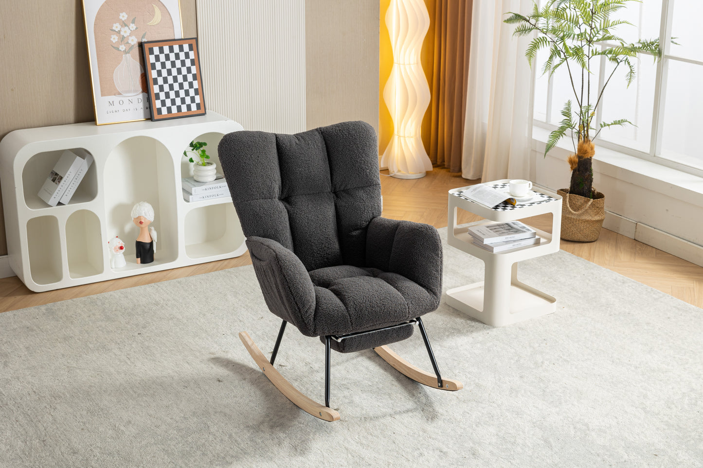 Neuer moderner Schaukelstuhl mit Polsterung und Teddystoff, mit ausziehbarer Fußstütze, Dunkelgrau