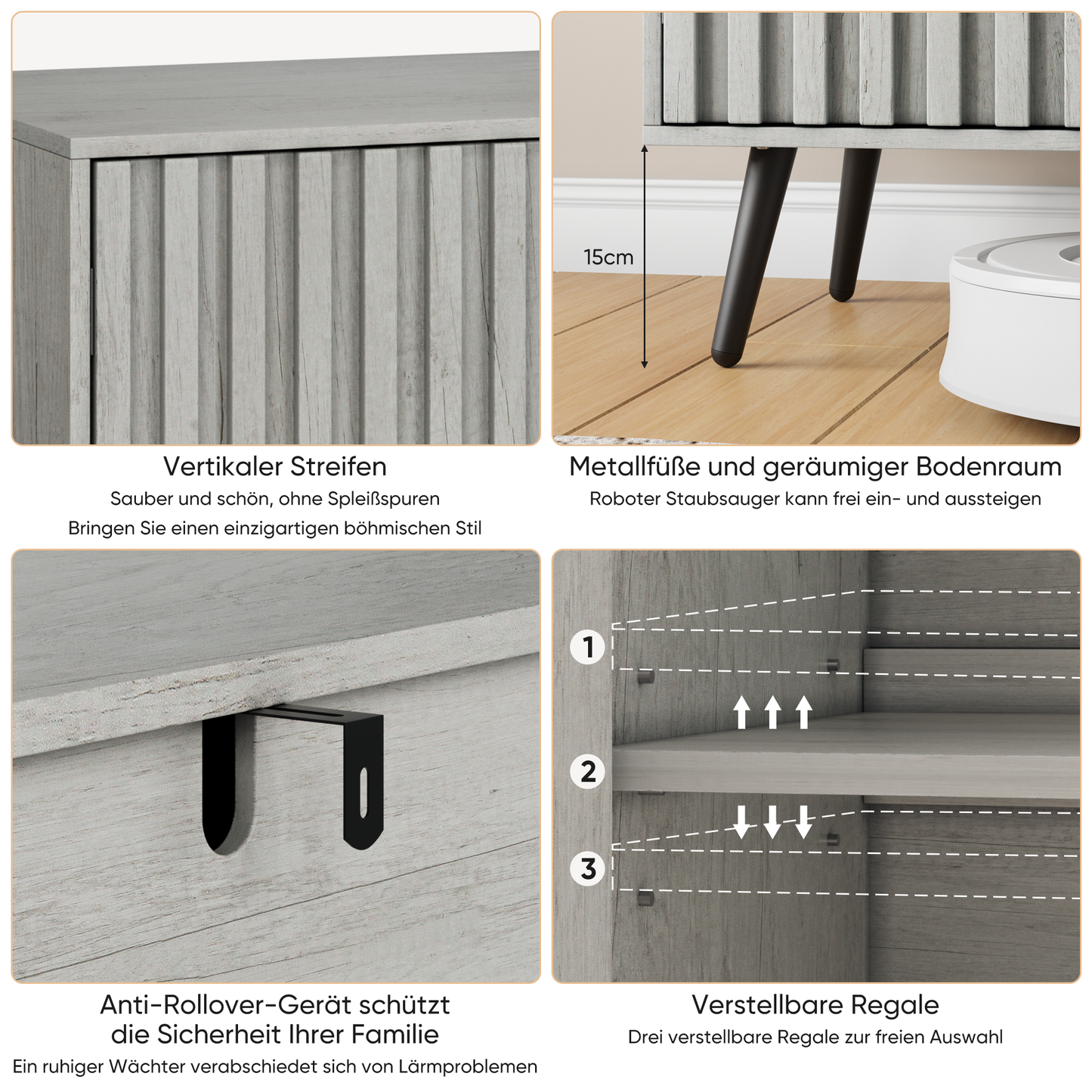 Seitenschrank mit Nutentwurf, unabhängiger Buffetschrank mit verstellbarem Regal, passend für Wohnzimmer, Flur, Eingang, Grau