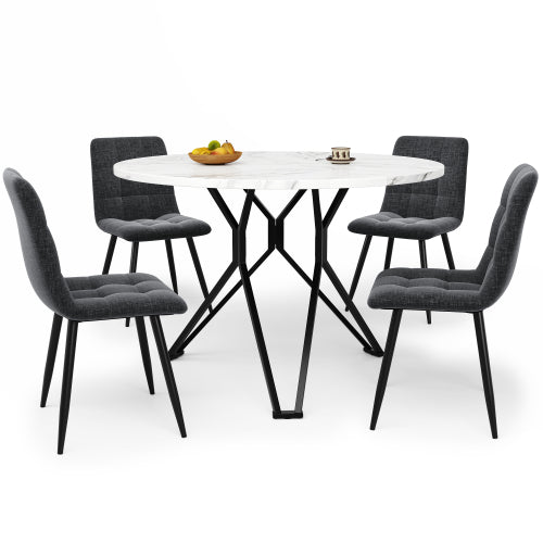 Esstisch-Set (5-teilig), Esstisch-Set mit 4 Stühlen, Modernes Küchen-Esstisch-Set, Runder Küchentisch mit Durchmesser 100 cm, Schwarze Metallbeine, MDF-Marmor-Tischplatte, Graue Samt-Esszimmerstühle