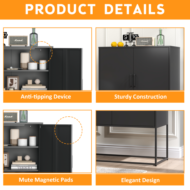 Metall-Sideboard,Lagerschrank– 2 Regale, freistehender Stahlschrank, Magnettüren, Anti-Kipp-Sicherung, Wohnzimmer, Küche, Büro, Schwarz, H 109 cm × B 85 cm × T 40 cm