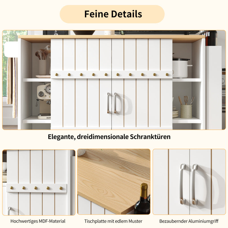 Küchenschrank, Servierwagen mit Holzmaserung, Küchenwagen mit rollen und arbeitsplatte, Küchenwagen mit Gewürzregal und Handtuchhalter, Kücheninsel mit Schiebetüren und Schubladen, weiß