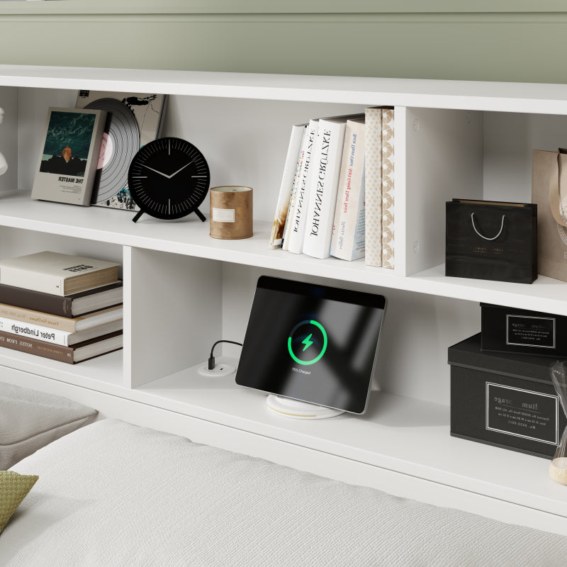 Stauraumbett 140*200cm, Doppelbett,Funktionsbett,Massivholzbett, mit USB-Anschluss, mit Aufbewahrungsbox unter dem Bett, mit Stauraum, ohne Matratze, weiß