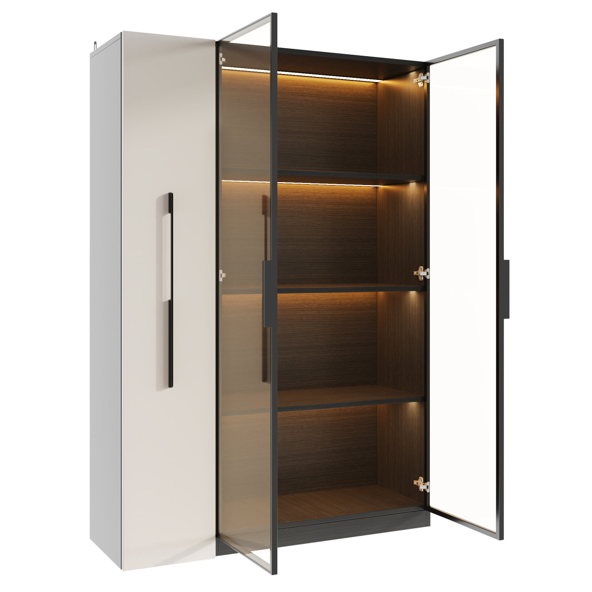 Multifunktionsschrank 110,5x35x160cm Vitrine mit LED-Beleuchtung, Seitenauszug & Glastür – Moderner Hochschrank in Schwarz-Weiß