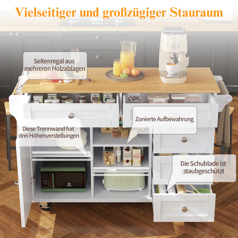 Speisewagen (134 x 46 x 92 cm), moderner und einfacher weißer Speisewagen, kombiniertes Schubladen-Aufbewahrungsschrank-Design, mobiles und festes Dual-Use-Design, geeignet für Privat- und Gewerbeküch