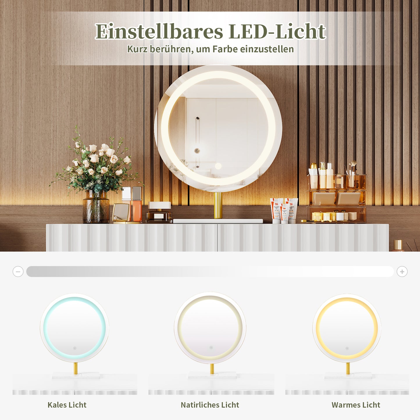 Schminktisch mit LED-Spiegel und Beleuchtung - Weißes Schminktisch-Set für Schlafzimmer mit 5 geräumigen Schubladen (ohne Hocker)