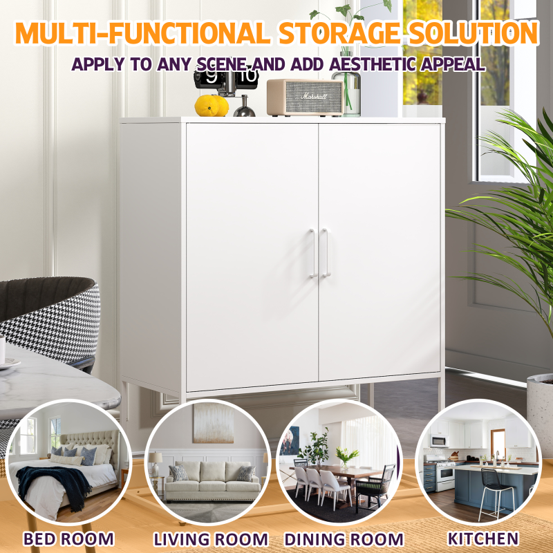 Metall-Sideboard,Lagerschrank– 2 Regale, Freistehender Stahlschrank, Magnettüren, Anti-Kipp-Sicherung, Wohnzimmer, Küche, Büro, Weiß, H 109 cm × B 85 cm × T 40 cm