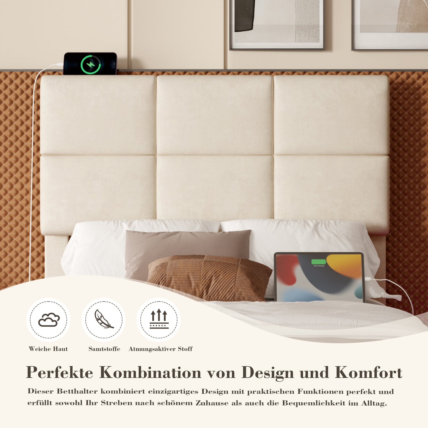 90x200 cm Modernes Velours-Polsterbett mit höhenverstellbarem Kopfteil - Inkl. USB/Type-C-Anschlüssen, LED-Ambientebeleuchtung, hydraulischem Lift-System & XXL-Stauraum (ohne Matratze) - Beige