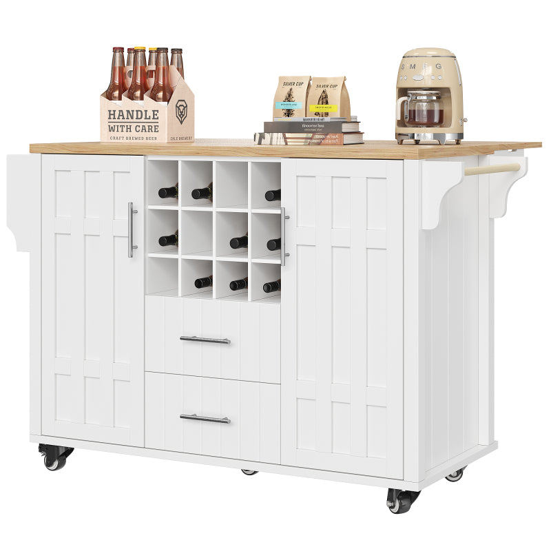 Kücheninsel mit herausnehmbaren Trennwänden, Esszimmerwagen mit Arbeitsplatte, Buffetschrank, Esszimmerwagen mit Holzmaserung, seitlicher Handtuchhalter, mit Weinregal, mit Rollen, weiß