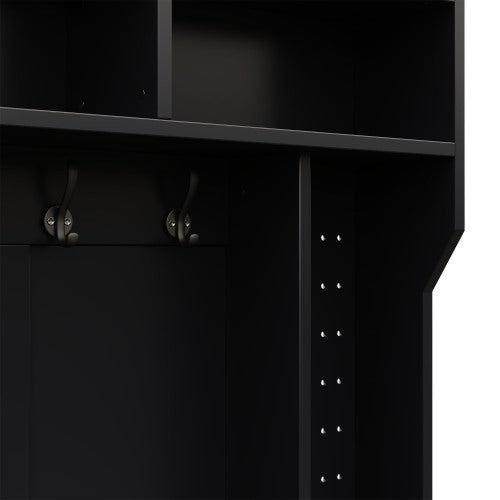 Garderobenset, Komplett-Set Flurgarderobe mit Sitzbank, 6 Haken, 1 Türen & 4 Offener Lagerraum, Schwarz