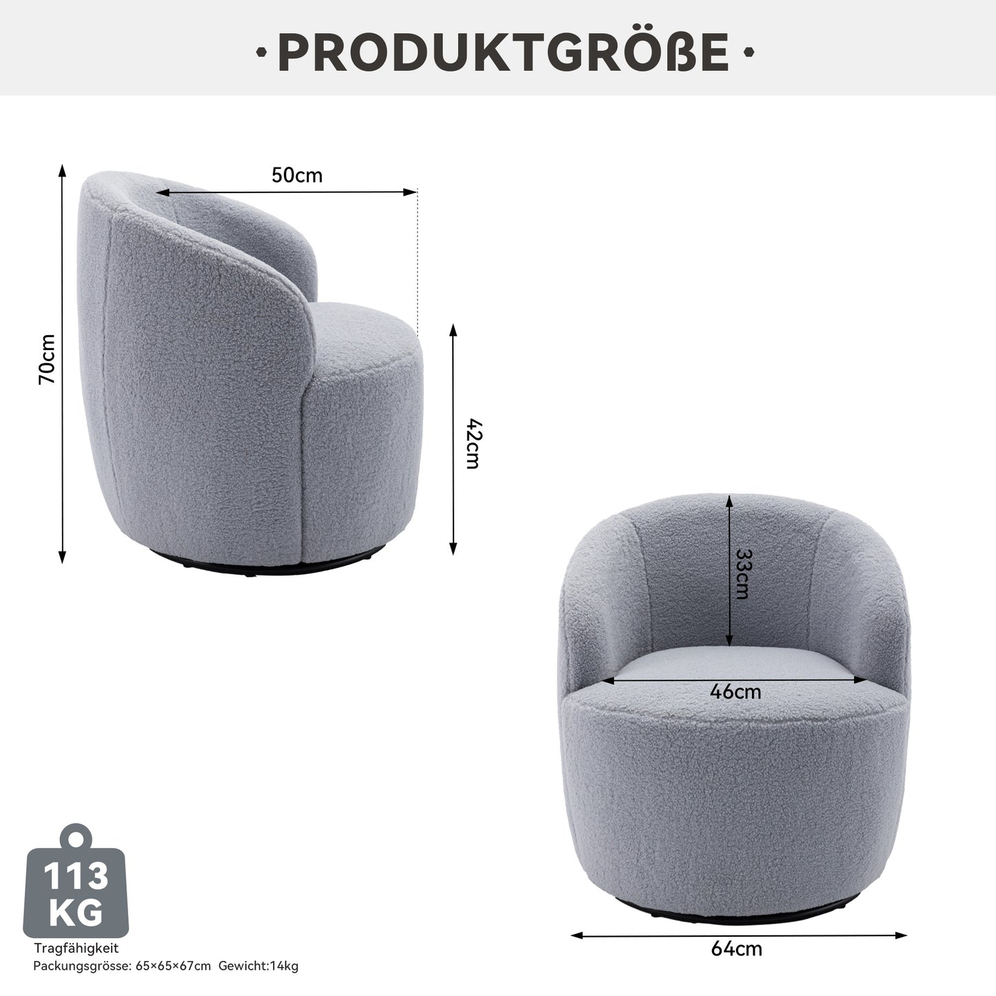 Drehbarer Akzentsessel aus weichem Teddy-Stoff mit Fassstuhl und schwarzem Pulverbeschichtungs-Metallring, Hellgrau