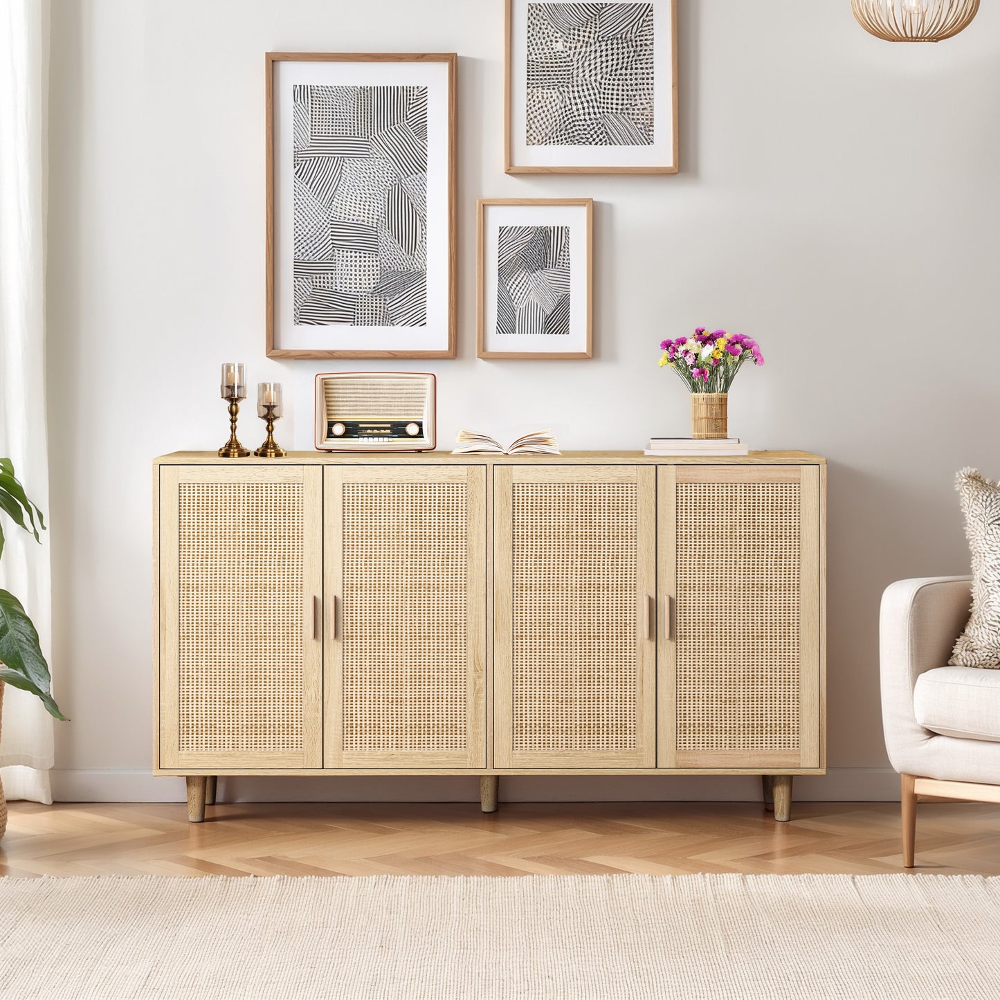 158CM Elegant and Functional 4-Door Rattan Decorative Storage Cabinet,for Bedroom,Living Room,Office;158CM Eleganter und funktioneller 4-türiger Rattan Schrank für Schlafzimmer, Wohnzimm