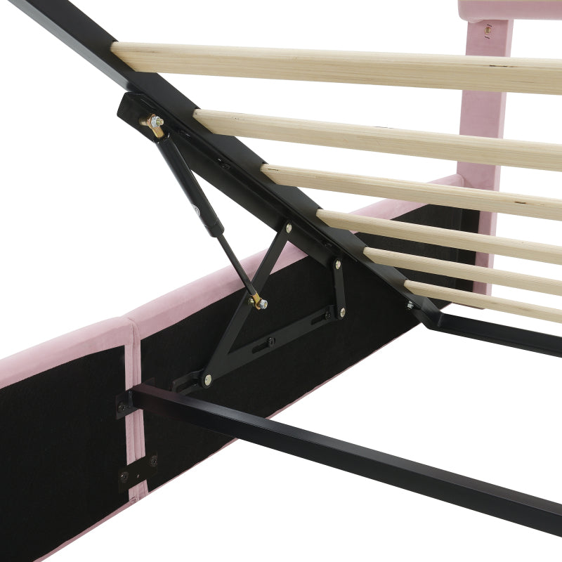 Polsterbett, Doppelbett, hydraulisches Bett, Hasenohren mit einstellbarer Helligkeit warmfarbenen Lichtstreifen, Stauraum unter dem Bett, zwei Aufbewahrungshockern, Samt, Rosa, 140x200cm