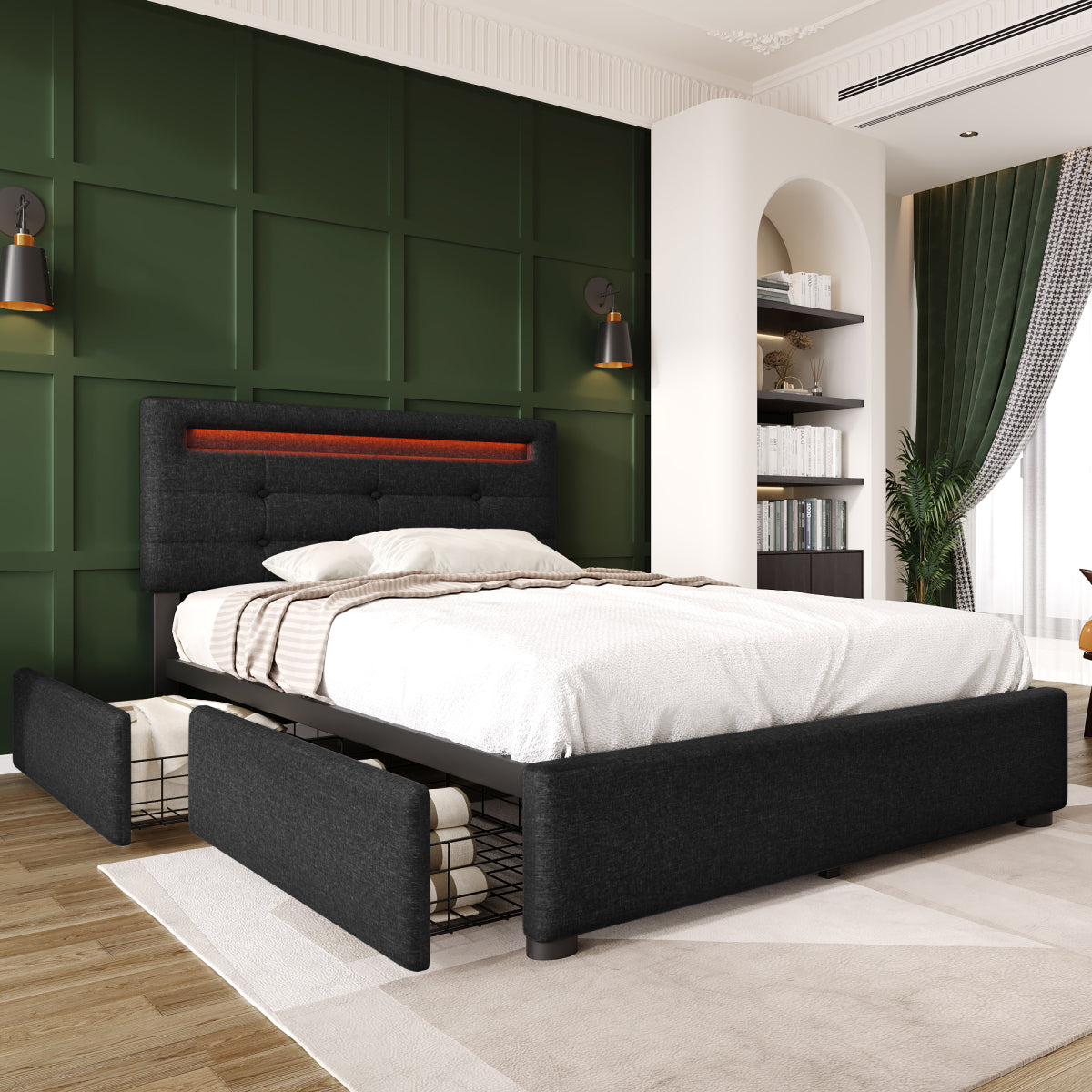 Polsterbett 90x200 cm Schwarz mit LED & 2 Schubladen - Einzelbett inkl. Lattenrost, Verstellbares Kopfteil & Stauraum (Ohne Matratze)