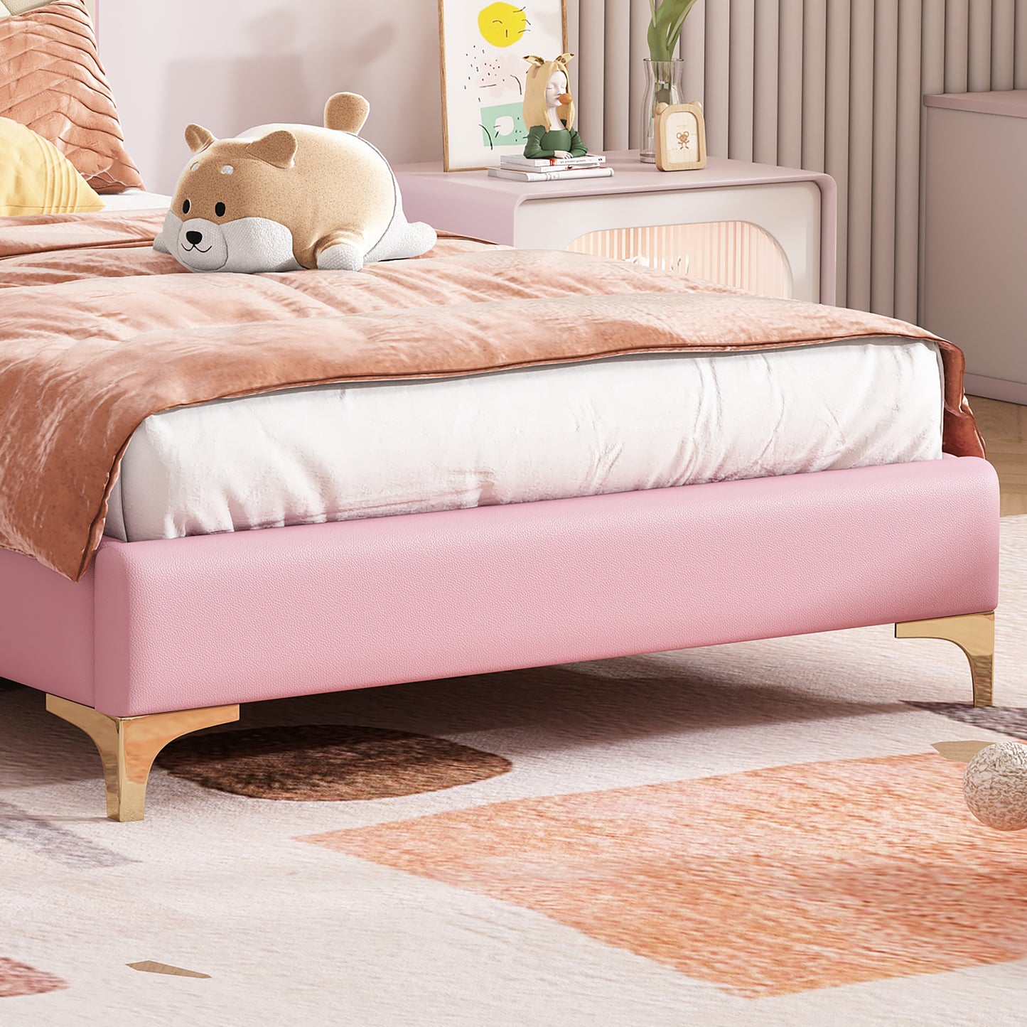 Polsterbett, Einzelbett, Wellenform mit Zugpunkt am Kopfende des Bettes, rosa Schleife, mit mehrfarbigen, wechselnden LED-Streifen, Kinderbett mit Holzlatten, Einzelbett, PU, rosa Bettrahmen, 90x200cm