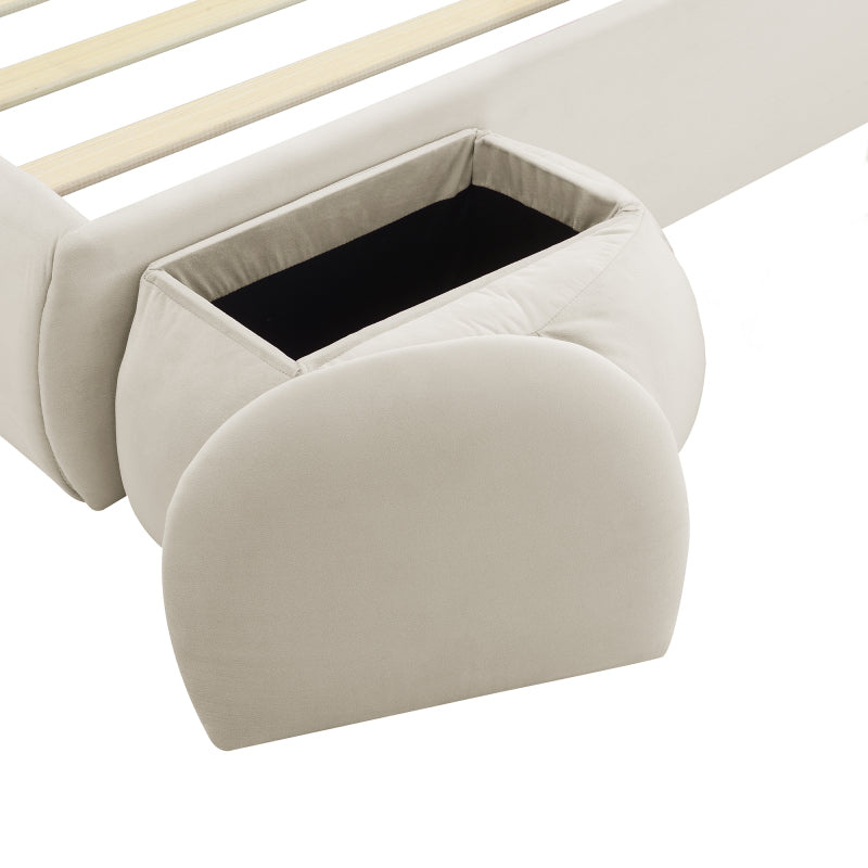 Polsterbett, Doppelbett, hydraulisches Bett, Hasenohren mit einstellbarer Helligkeit warmfarbenen Lichtstreifen, Stauraum unter dem Bett, zwei Aufbewahrungshockern, Samt, Beige, 140x200cm