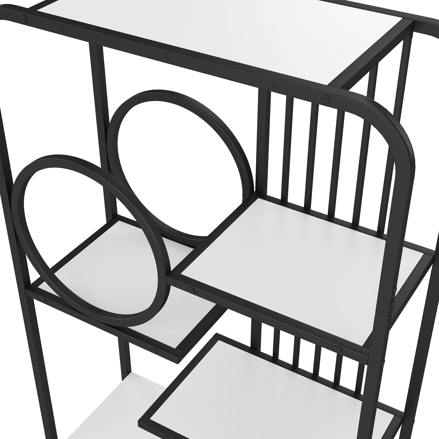 80 x 30 x 180 cm Metallregal, weißer Lagerschrank mit Doppeltür, drei Regalböden, schwarzes Metallregal, hohe Metallfüße, runde Dekoration, weiß + schwarz