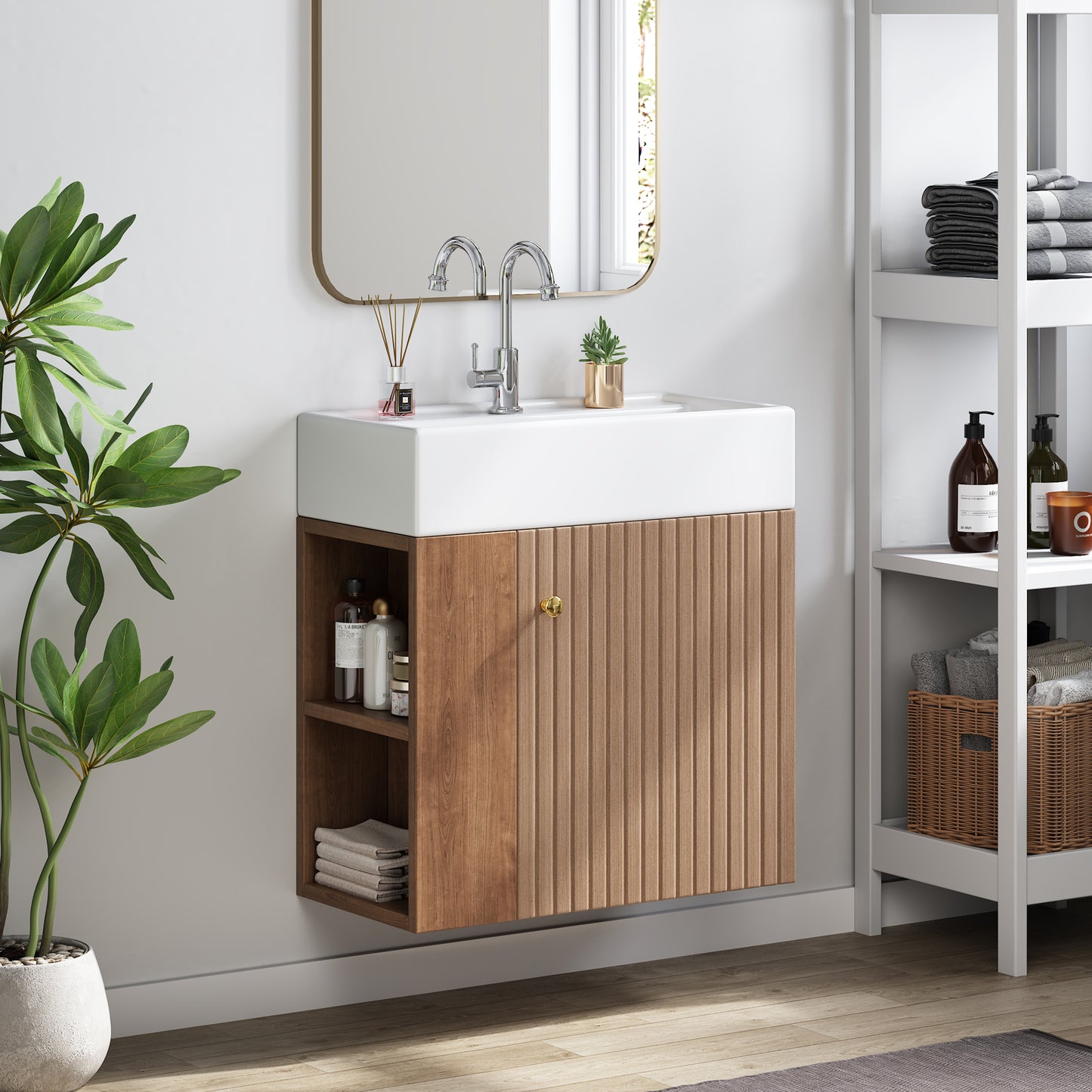 Badezimmermöbel Waschbecken mit Waschtischunterschrank 55 cm , Waschtischunterschrank hängend weiß , Kleine Gästebadmöbel