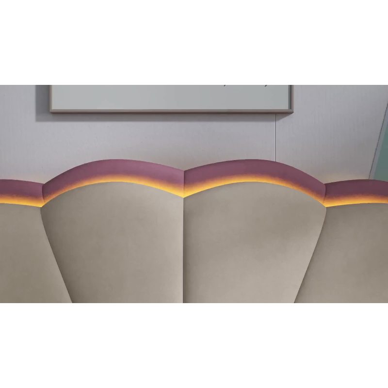 Polsterbett mit mehrfarbigen, wechselnden Lichtstreifen, Kopfteil mit Wellenschliff, mit gepolsterter runden Beine, Kinderbett, Jugendbett mit Holzlatten, Doppelbett, Samt, Beige+Rosa, 140x200cm