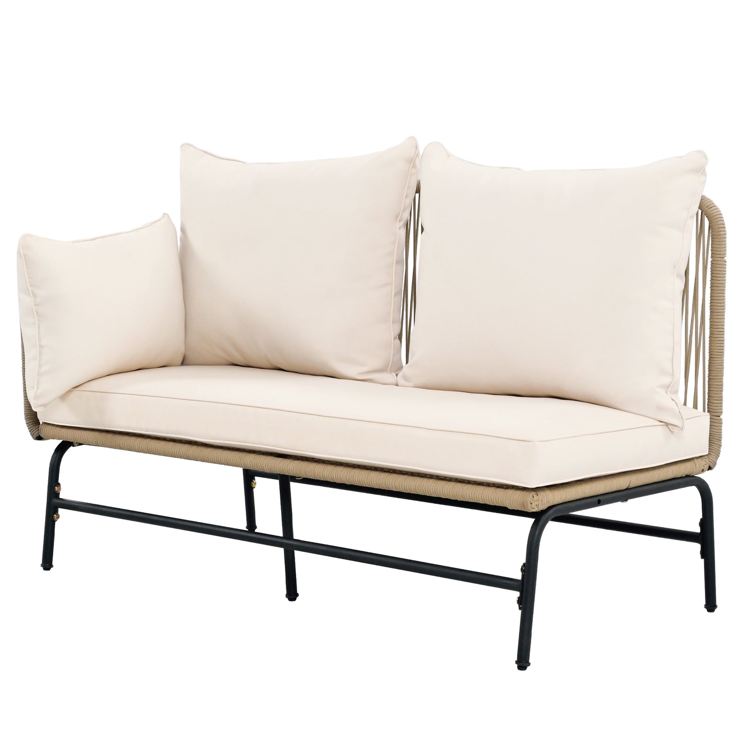 Gartenlounge-Set, Gartenmöbel-Set, Gartenlounge mit Eisengestell und beigem Seilbezug, Gartenmöbel aus gewebtem Seil für den Außenbereich, L-förmiges Gesprächsset mit Tisch, Beige