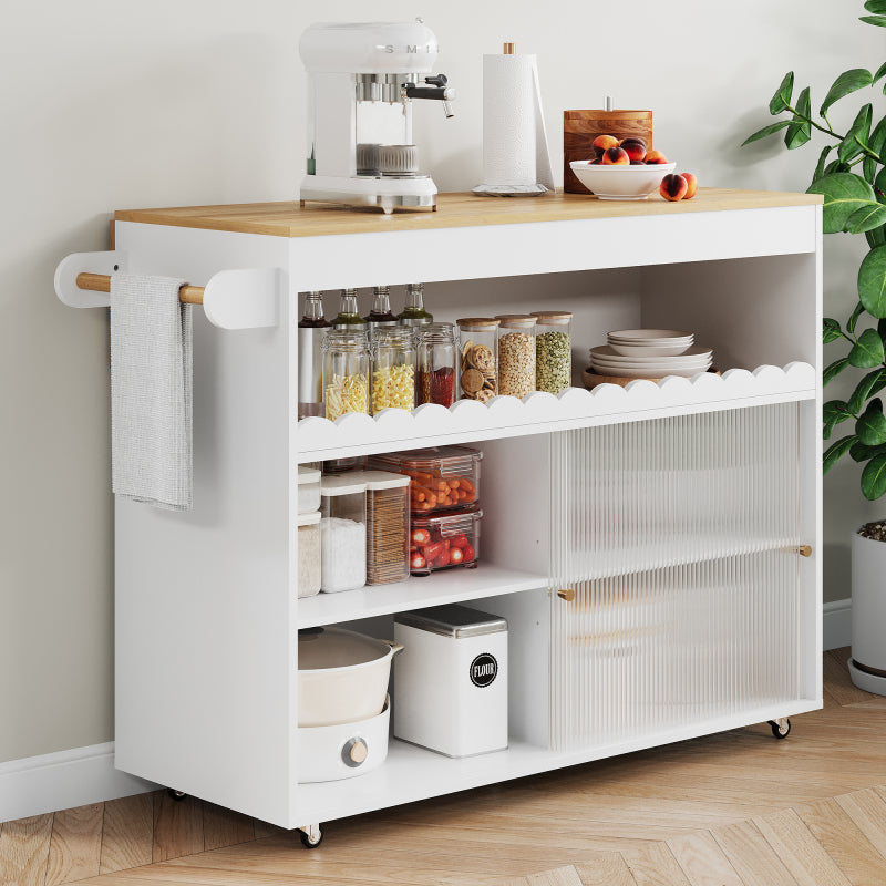 klappbarer Kücheninselwagen, Arbeitsplatte aus Eichenholzfurnier, Schiebetüren aus gehärtetem Glas, verstellbare Einlegeböden, Handtuchhalter, Weiße