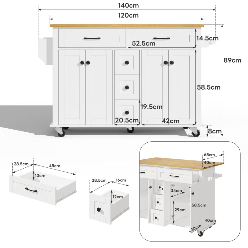 Multifunktionaler Küchenwagen mit ausklappbarer Arbeitsplatte, 120×65 cm erweiterbar, mit 5 Schubladen, Schränken, Gewürz- & Handtuchhalter, auf Rollen – Kücheninsel für Küche, Esszimmer & Wohnzimmer