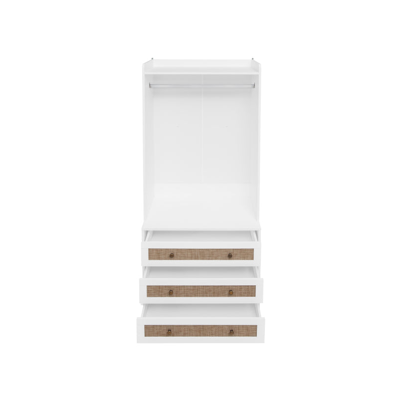 Weißer Kleiderschrank mit drei Schubladen – Garderobe mit Stauraumregal im Boho-Stil – Höhe 180 cm – ideal für Flur, Wohnzimmer, Schlafzimmer, Arbeitszimmer oder Büro.Maße:70*48*180cm