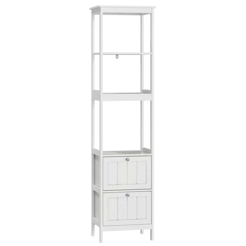 Schmaler Hochschrank, Badezimmerschrank mit 2 Schubladen und 3 Einlegeböden, 40Lx30Bx160Hcm, Weiß